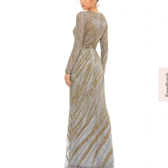 Mac Duggal Long Sleeve Beaded Column Gown in Platinum - Picture 2 of 4